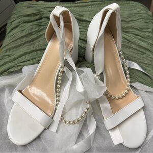 White bridal or wedding Pearl-Trim Ankle Tie Sandals - Women 9.5